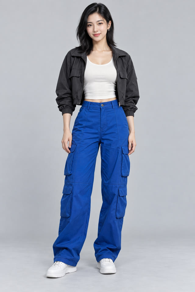 AI-generated fictional adult Asian woman in an ivory top, charcoal jacket and blue cargo trousers